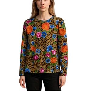 VINTAGE Style Up Vibrant Floral & Animal Print Long Sleeve Top. GUC Size Large